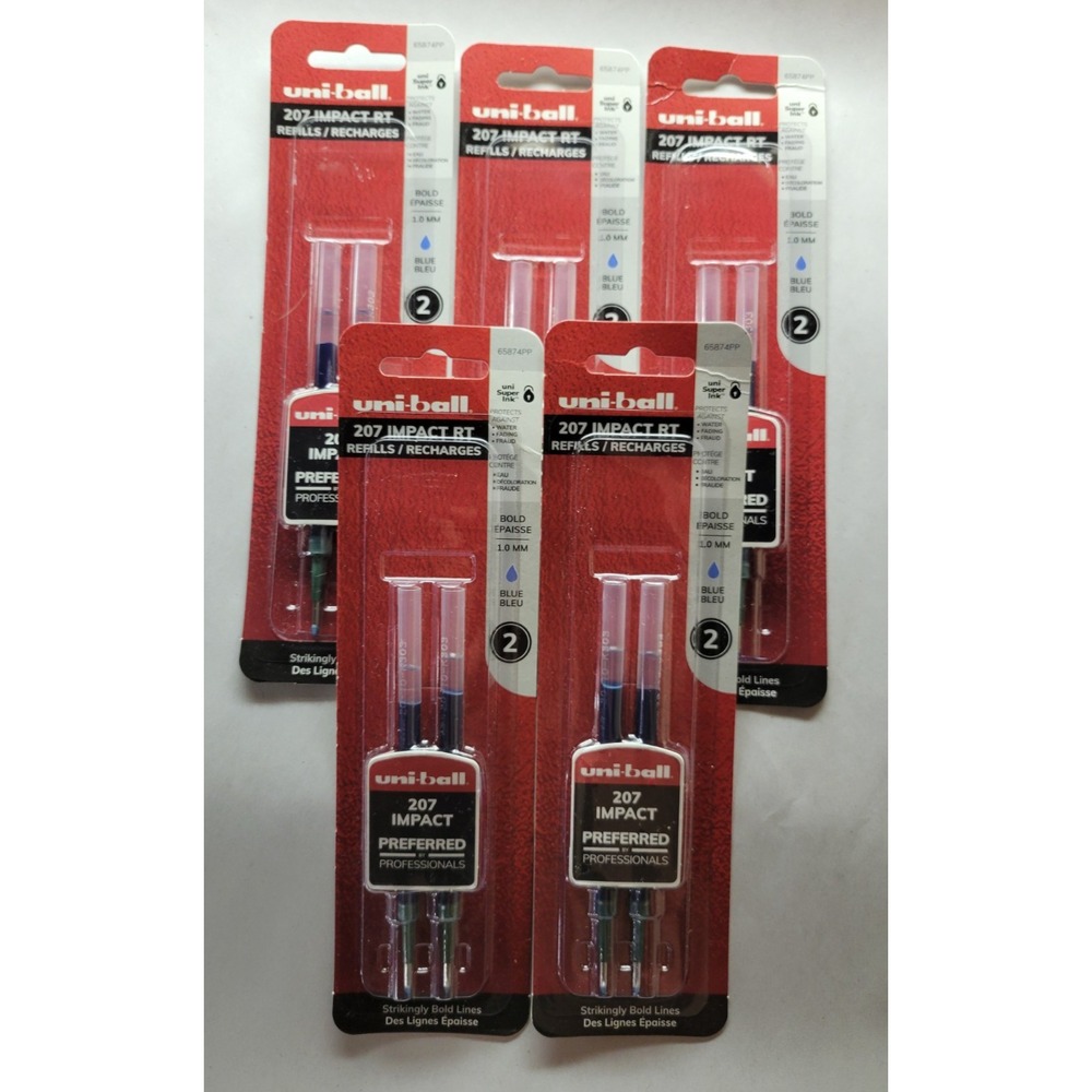 Five NIP Uni-Ball 207 Impact RT Blue Ink Pen Refill 2 Packs 65874PP‎ Bold 1.0MM